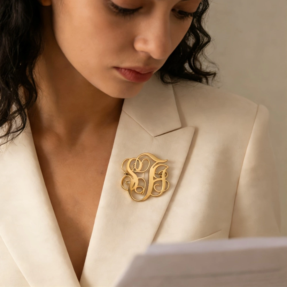 Vintage Fashion Guild - Custom Cursive Monogram Brooch Personalized Stainless