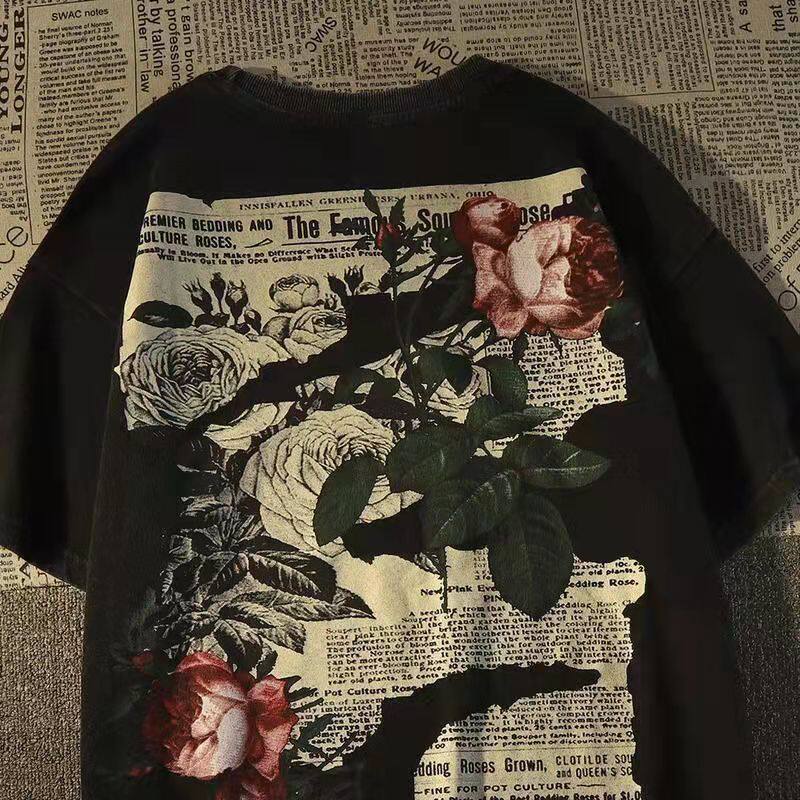 Vintage Fashion Newspaper - American-style retro vintage newspaper rose short-sleeve